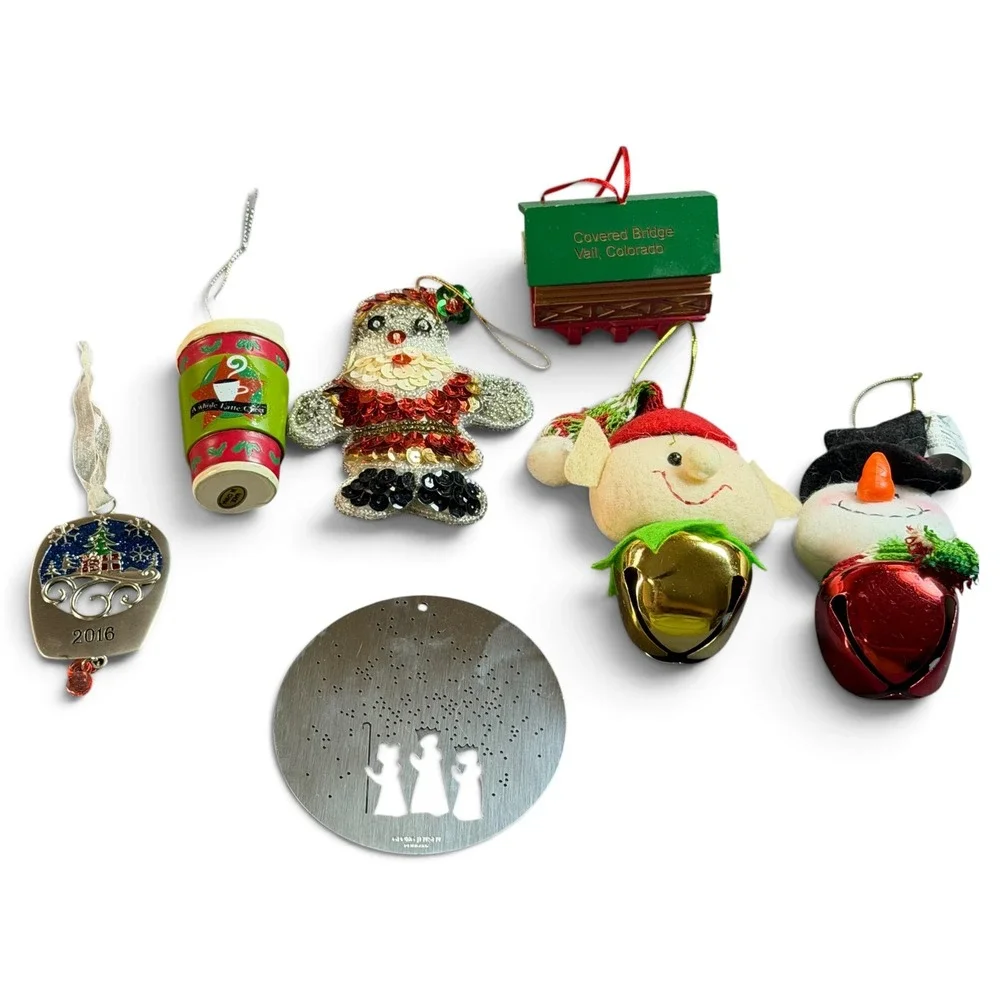 Mixed Christmas Ornament Lot Santa Snowman Georg Jensen Vail Colorado 7pc Set